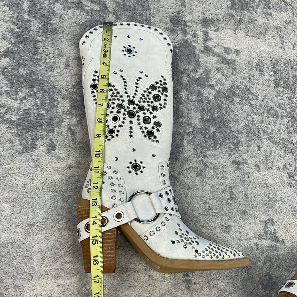 New Dolls Kill Current Mood White Studded Butterfly Cowboy Boots Festival Sz 6 - Picture 12 of 13